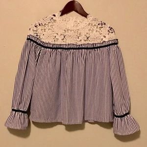 SHEIN Pinstriped Ruffle Lace Navy Blue Top NEW S